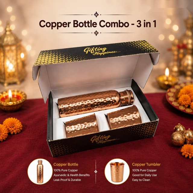 Copper Bottle Combo 3-in-1 (Hammered Finish)