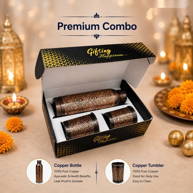 Premium Combo - Engraved Copper Bottle & 2 Tumblers