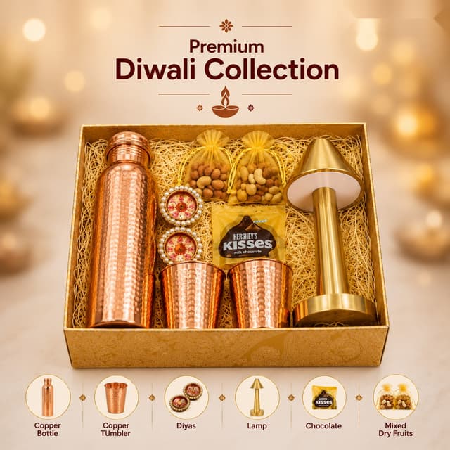 Premium Diwali Collection - Copper Bottle, Tumbler, Lamp & Dry Fruits