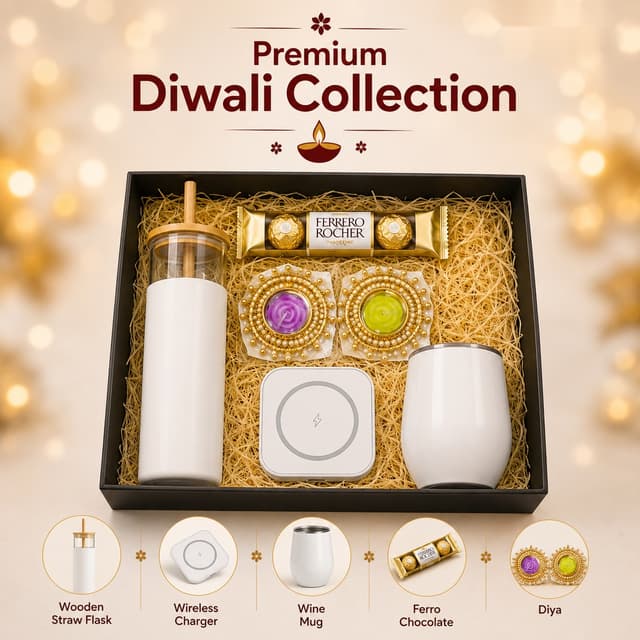 Premium Diwali Collection - Straw Flask, Wireless Charger & Ferrero