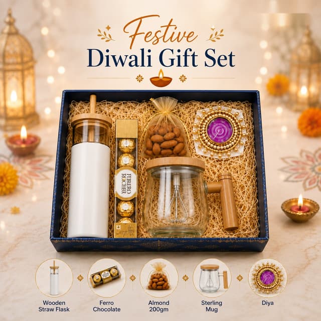 Festive Diwali Gift Set - Straw Flask, Almonds & Ferrero