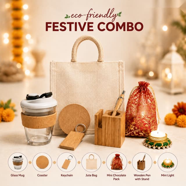 Eco-friendly Festive Combo - Jute Bag & Glass Mug