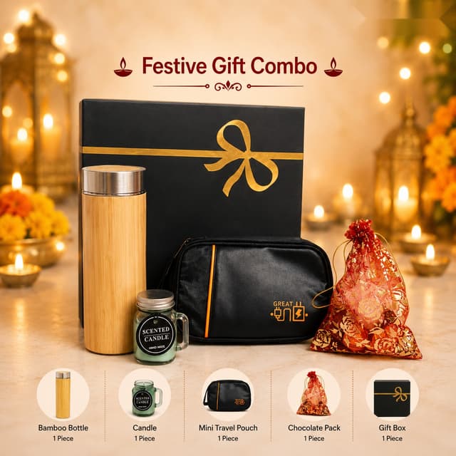 Festive Gift Combo - Bamboo Bottle, Candle & Pouch