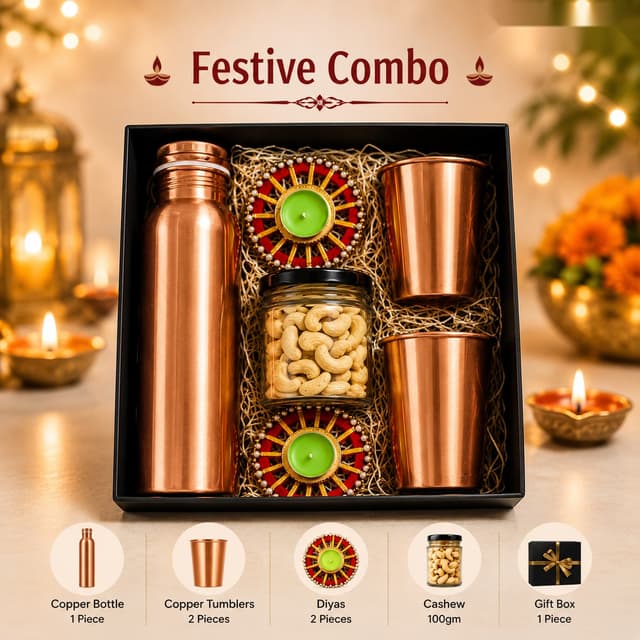Festive Combo - Copper Bottle, Tumblers & Cashews