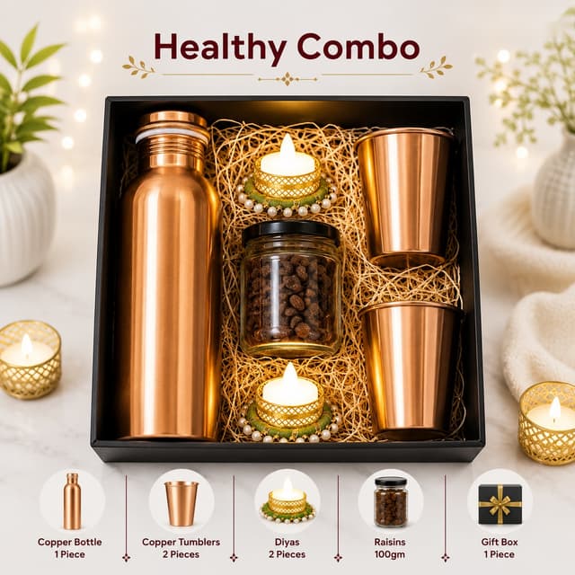 Healthy Combo - Copper Bottle, Tumblers & Raisins