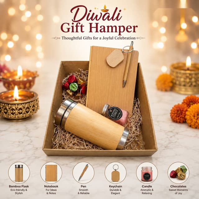 Diwali Gift Hamper - Bamboo Flask & Stationery