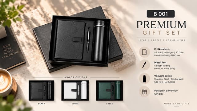 Premium 3-in-1 Gift Set - Notebook, Pen & Vacuum Bottle
