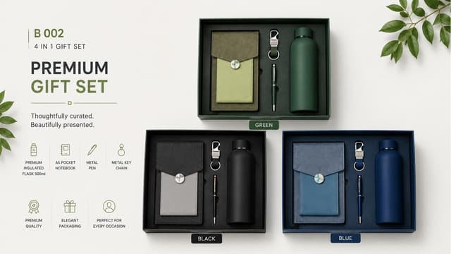 4-in-1 Premium Gift Set - Flask, Pocket Notebook, Pen & Keychain