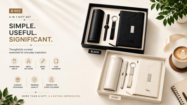 4-in-1 Gift Set - Coffee Mug, Flap Notebook, Pen & Keychain