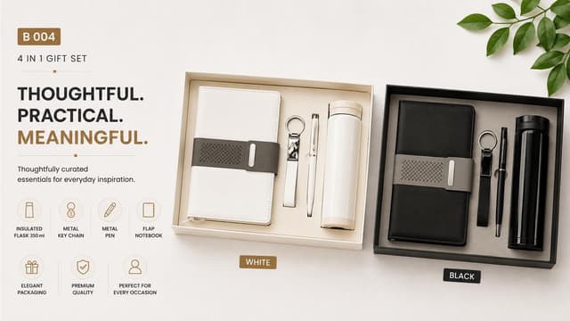 4-in-1 Gift Set - 350 ml Flask, Flap Notebook, Pen & Keychain