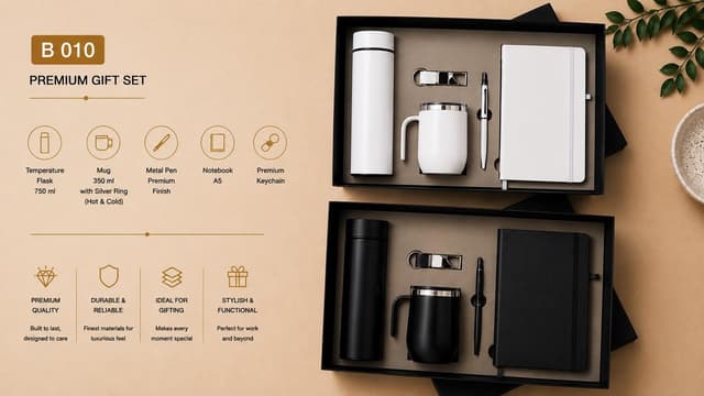 Premium 5-in-1 Gift Set - Flask, Handle Mug, Notebook, Pen & Keychain