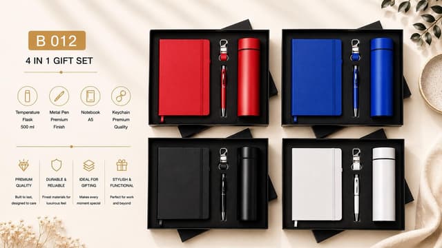4-in-1 Gift Set - 500 ml Flask, Notebook, Pen & Keychain