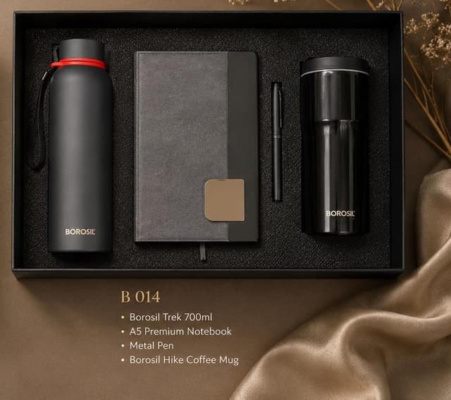 Borosil Premium Gift Set - Trek Flask, Notebook, Pen & Hike Mug