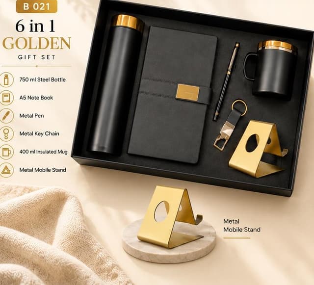 6-in-1 Golden Gift Set - Steel Bottle, Notebook, Mug & Mobile Stand