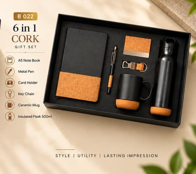 6-in-1 Cork Gift Set - Flask, Ceramic Mug, Notebook & Card Holder