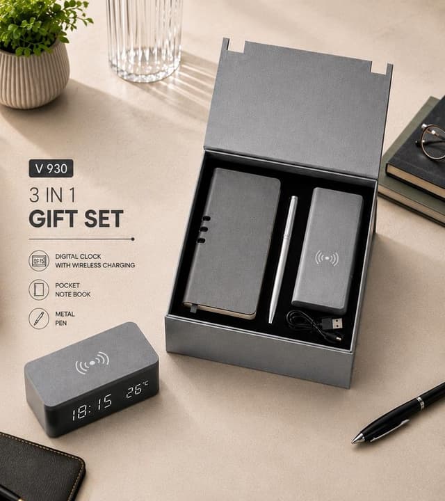 3-in-1 Gift Set - Wireless Charging Digital Clock, Notebook & Pen