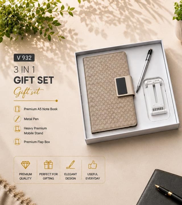 3-in-1 Gift Set - A5 Notebook, Pen & Heavy Mobile Stand
