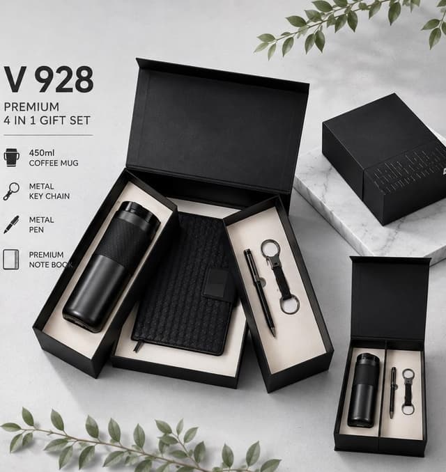 Premium 4-in-1 Gift Set - 450 ml Coffee Mug, Notebook, Pen & Keychain