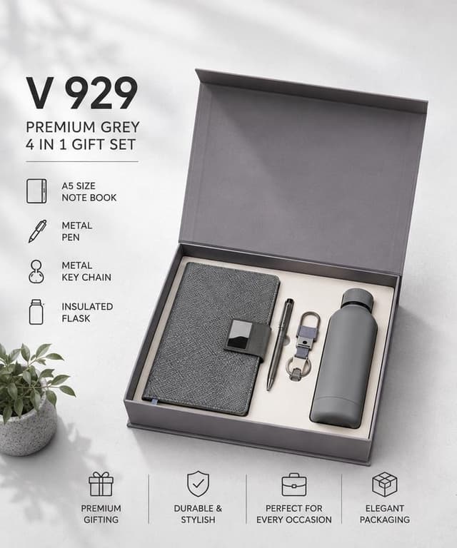 Premium Grey 4-in-1 Gift Set - Notebook, Pen, Keychain & Flask