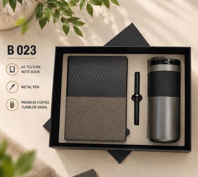 Premium Gift Set - A5 Texture Notebook, Pen & 450 ml Coffee Tumbler