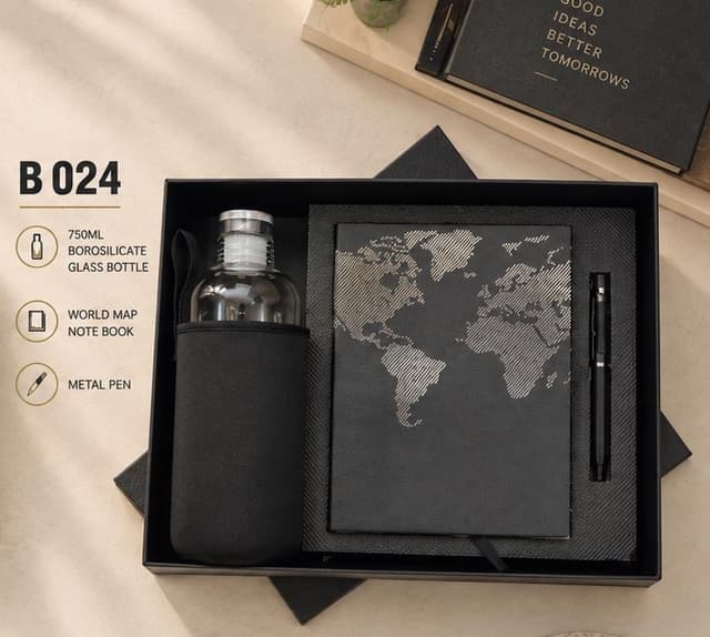 Premium Gift Set - Borosilicate Glass Bottle, World Map Notebook & Pen