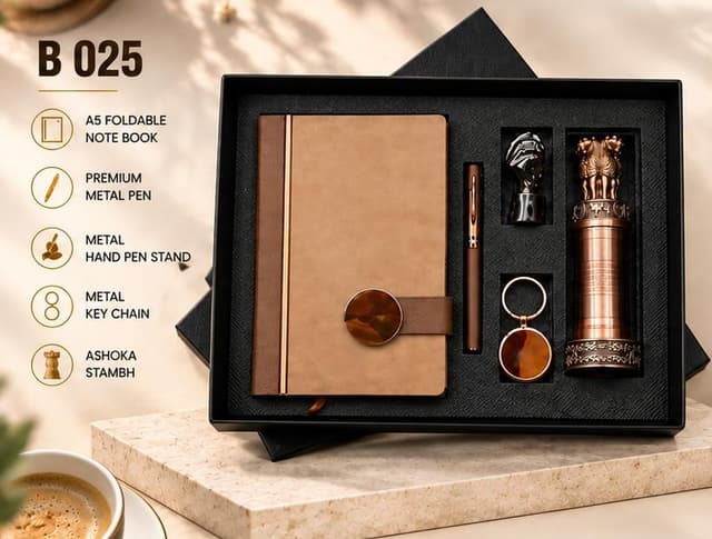 Premium 5-in-1 Gift Set - Foldable Notebook, Pen Stand & Ashoka Stambh