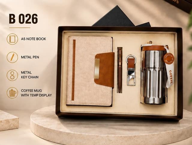 Premium 4-in-1 Gift Set - Notebook, Pen, Keychain & Temp-Display Mug