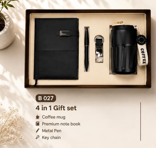 4-in-1 Gift Set - Black Notebook, Pen, Keychain & Coffee Mug