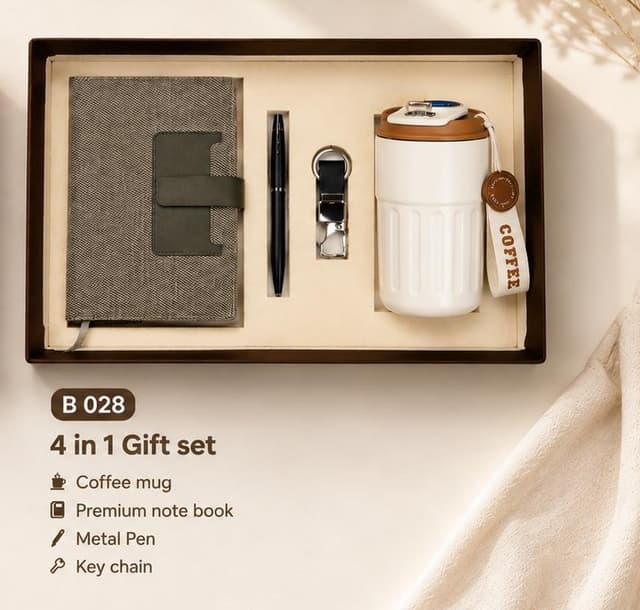 4-in-1 Gift Set - Fabric Notebook, Pen, Keychain & Coffee Mug