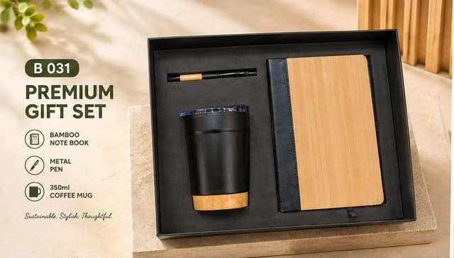 Premium 3-in-1 Gift Set - Bamboo Notebook, Pen & 350 ml Coffee Mug