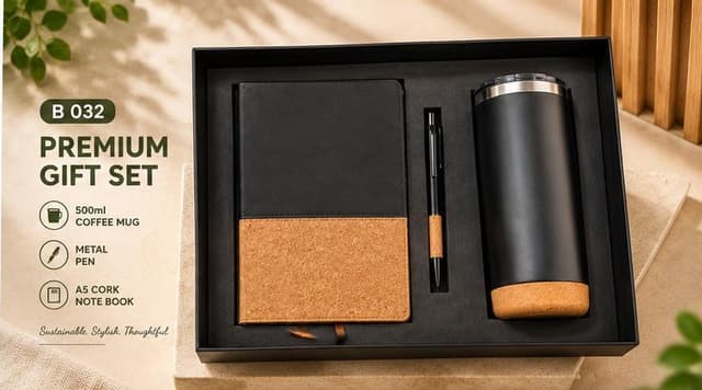 Premium 3-in-1 Gift Set - Cork Notebook, Pen & 500 ml Coffee Mug