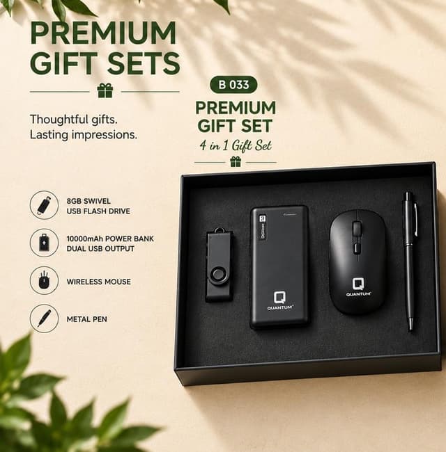 Premium 4-in-1 Tech Gift Set - Power Bank, Mouse, Flash Drive & Pen