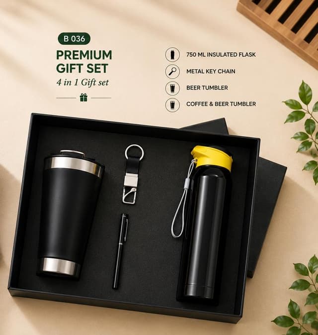 Premium 4-in-1 Drinkware Gift Set - Flask, Beer Tumbler & Keychain