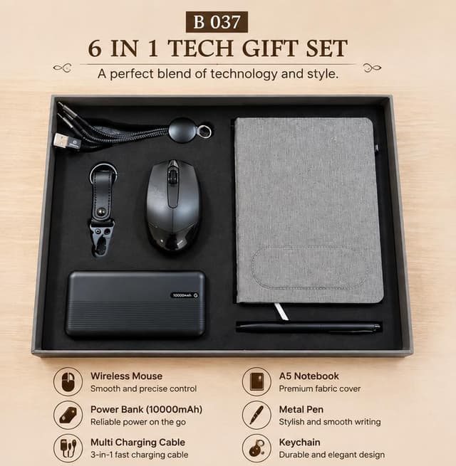 6-in-1 Tech Gift Set - Power Bank, Wireless Mouse & A5 Notebook