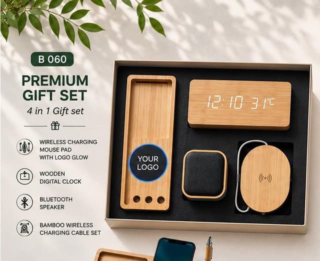 Premium 4-in-1 Bamboo Desk Set - Charging Mouse Pad, Clock & Speaker