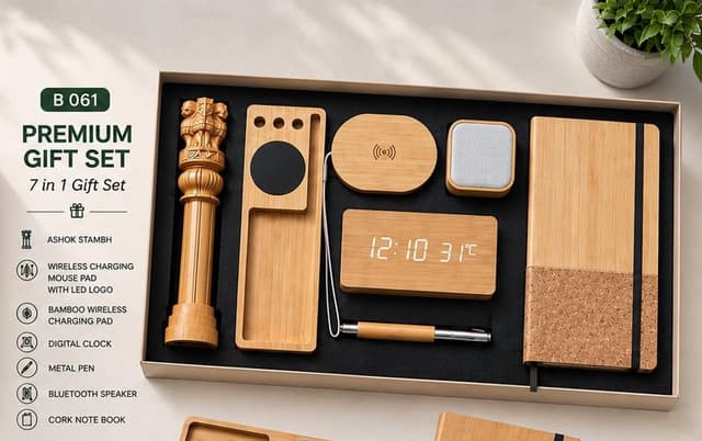 Premium 7-in-1 Bamboo Desk Set - Ashok Stambh, Clock & Speaker