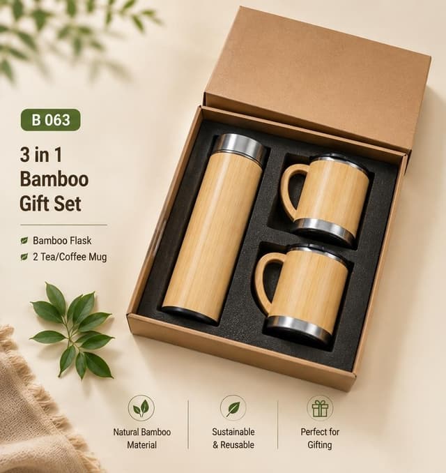 3-in-1 Bamboo Gift Set - Bamboo Flask & Two Mugs