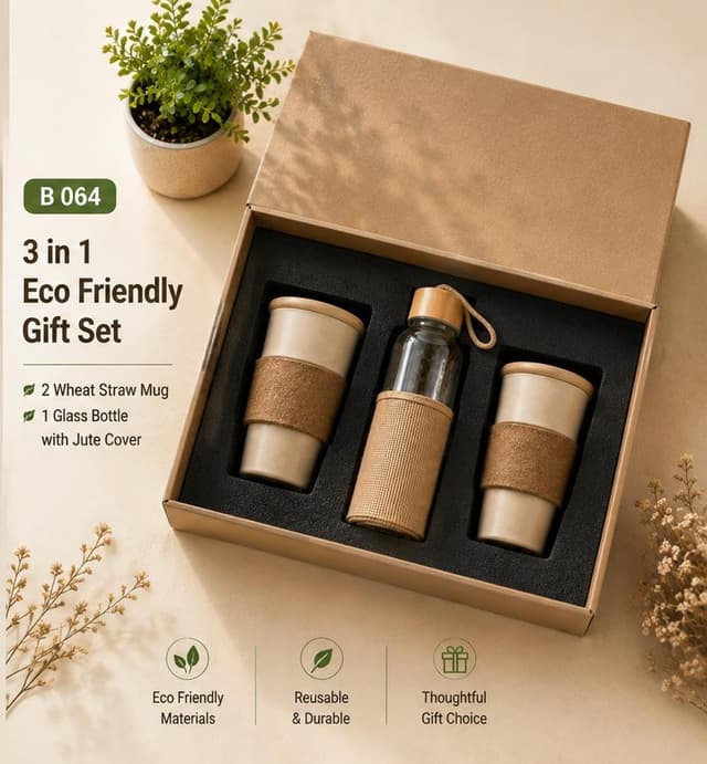 3-in-1 Eco Friendly Gift Set - Wheat Straw Mugs & Glass Bottle
