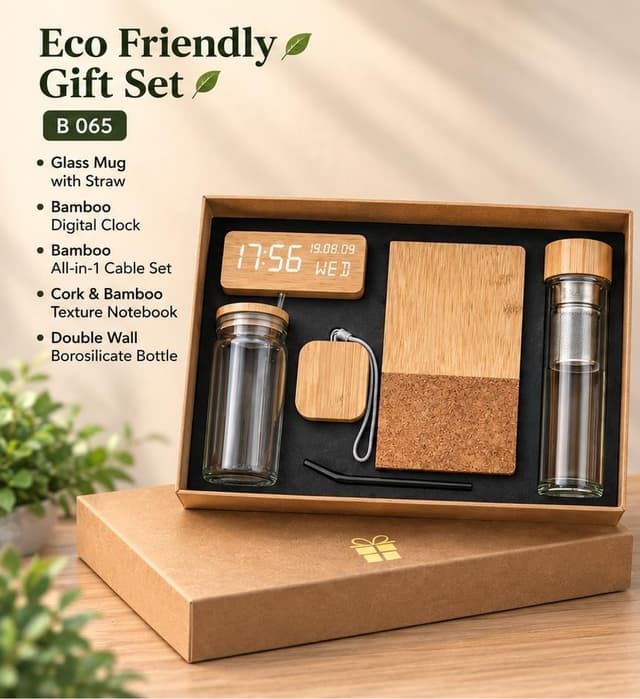 Eco Friendly 5-in-1 Gift Set - Glass Mug, Bamboo Clock & Cable Set