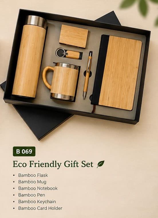 Eco Friendly 6-in-1 Bamboo Gift Set - Flask, Mug, Notebook & Keychain