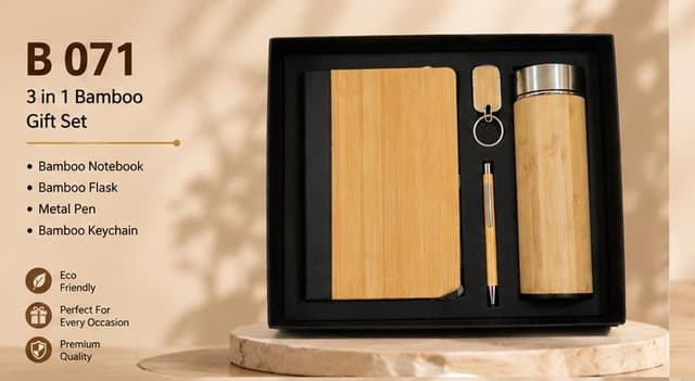 3-in-1 Bamboo Gift Set - Notebook, Flask, Pen & Keychain