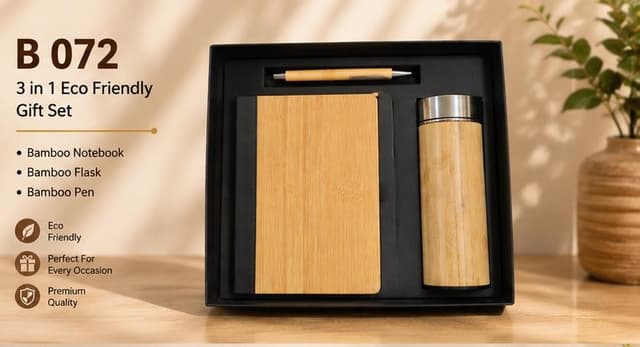 3-in-1 Eco Friendly Gift Set - Bamboo Notebook, Flask & Pen
