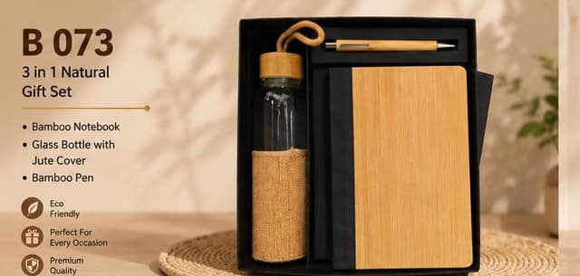 3-in-1 Natural Gift Set - Bamboo Notebook, Glass Bottle & Pen