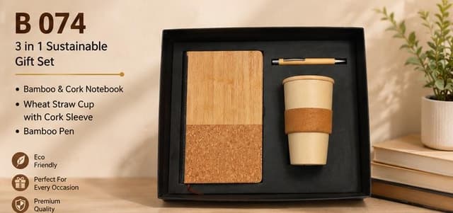 3-in-1 Sustainable Gift Set - Cork Notebook, Wheat Straw Cup & Pen