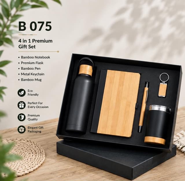 4-in-1 Premium Eco Gift Set - Bamboo Notebook, Flask, Mug & Keychain