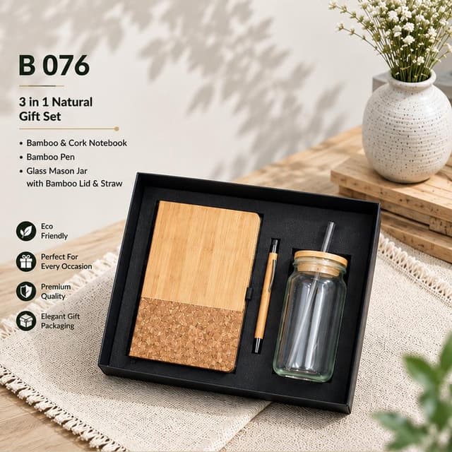 3-in-1 Natural Gift Set - Cork Notebook, Pen & Glass Mason Jar