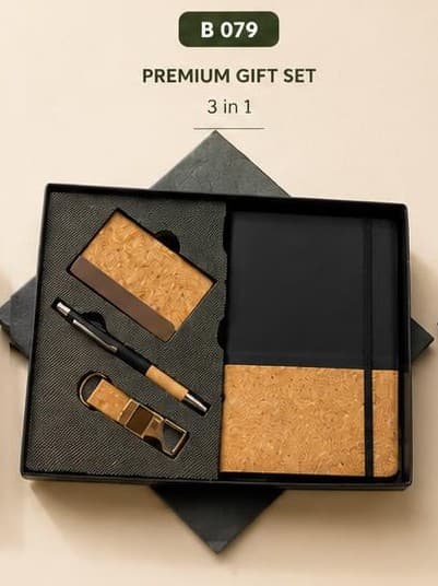 3-in-1 Cork Gift Set - Black & Cork Notebook, Card Holder & Pen