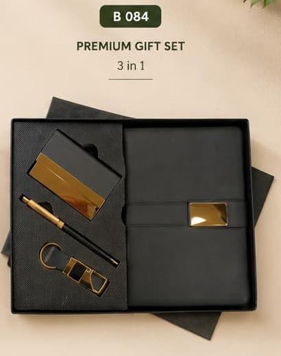 3-in-1 Executive Gift Set - Gold Card Holder, Black Notebook & Pen