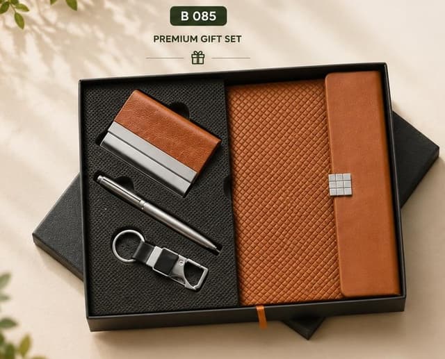 3-in-1 Premium Gift Set - Tan Notebook, Card Holder & Keychain