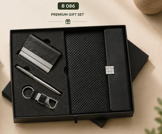 3-in-1 Premium Gift Set - Black Notebook, Card Holder & Keychain